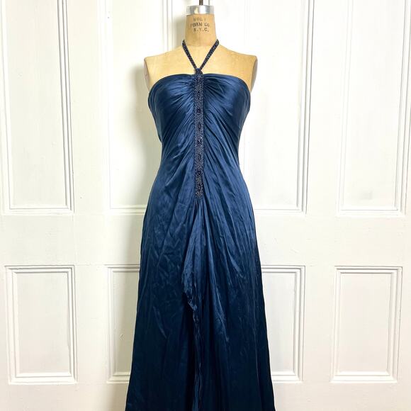 Adrianna Papell Boutique Vintage Navy Halter Elegant Silk Long Maxi Dress Glam - Picture 3 of 10